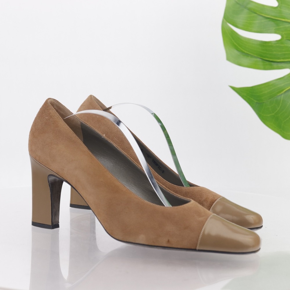 VTG Bally Womens Tropic Pumps Size 7.5 Tan Suede Block Heel Cap Toe Dress Shoes